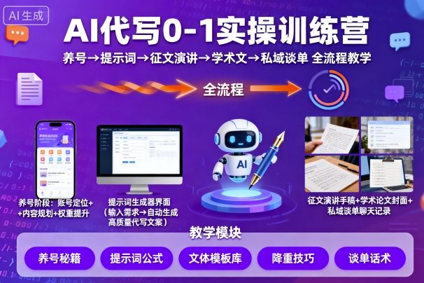AI代写0-1实操训练营，从养号、提示词、征文演讲、学术文，到私域谈单的全流程教学-赛德副业库