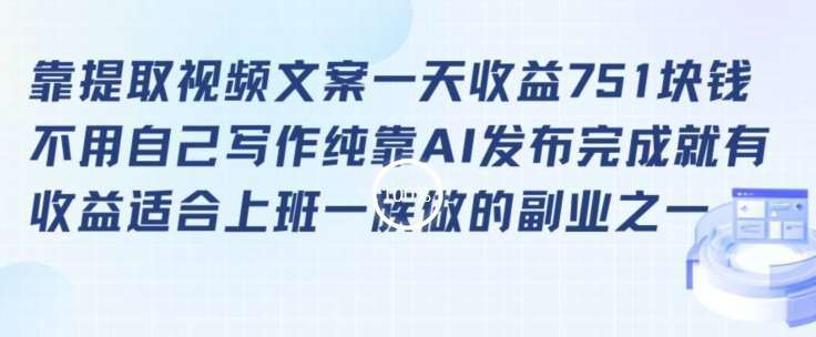 靠提取视频文案一天收益751块，适合上班一族做的副业【揭秘】-赛德副业库