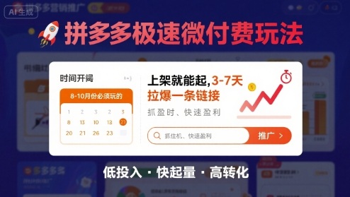 8月26号拼多多极速微付费玩法,8-10月份必须玩的,上架就能起,3-7天拉爆一条链接-赛德副业库