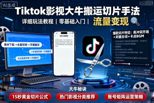 Tiktok影视大牛搬运切片手法，详细玩法教程-赛德副业库