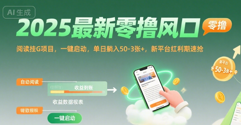 2025最新零撸风口,阅读挂G项目,一键启动,单日躺入 50-3张+,新平台红利期速抢【揭秘】-赛德副业库