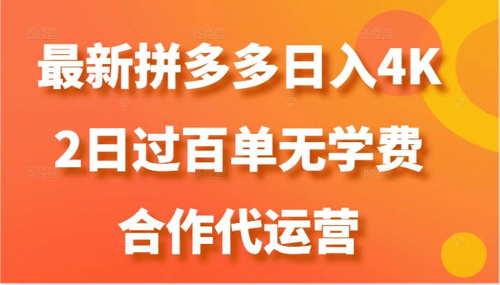 最新拼多多，日入4K+，2日过百单无学费，合作代运营-赛德副业库