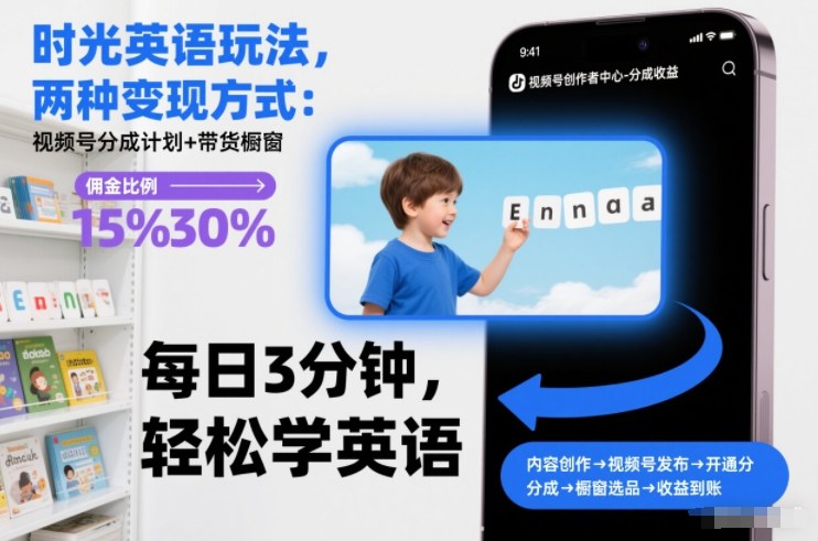 时光英语玩法,两种变现方式:视频号分成计划+带货橱窗-赛德副业库