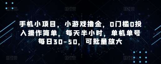 手机小项目，小游戏撸金，0门槛0投入操作简单，每天半小时，单机单号每日30-50，可批量放大-赛德副业库