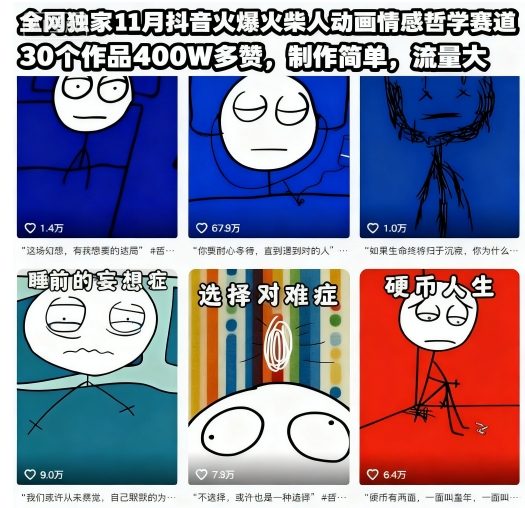 全网独家11月抖音火爆火柴人动画情感哲学赛道，30个作品400W多赞，制作简单，流量大【教学+素材】-赛德副业库