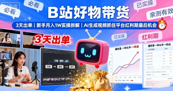 B站好物带货,3天出单,新手月入1W实操拆解,AI生成视频,抓住平台红利期最后机会-赛德副业库