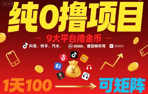 纯0撸项目,9大平台撸金币,抖音,快手,汽水,番茄畅听等,1天100,可矩阵-赛德副业库