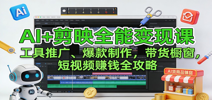 AI+剪映全能变现课:工具推广、爆款制作、带货橱窗,短视频赚钱全攻略-赛德副业库