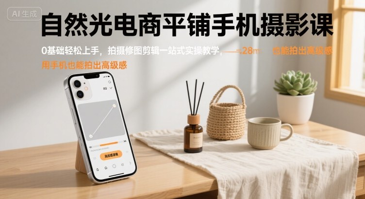 自然光电商平铺手机摄影课,0基础轻松上手,拍摄修图剪辑一站式实操教学,用手机也能拍出高级感-赛德副业库