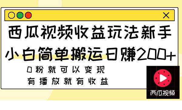 （7909期）西瓜视频收益玩法，新手小白简单搬运日赚200+0粉就可以变现 有播放就有收益-赛德副业库