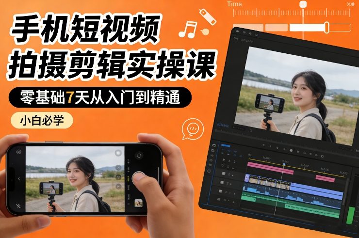 手机短视频拍摄剪辑实操课，零基础7天从入门到精通，小白必学-赛德副业库