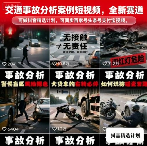 交通事故分析案例短视频,全新赛道,可做抖音精选计划,可同步百家号头条号支付宝视频号平台-赛德副业库