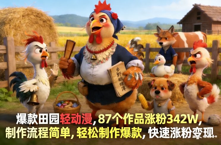 爆款田园轻动漫，87个作品涨粉342W，制作流程简单，轻松制作爆款，快速涨粉变现-赛德副业库