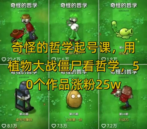 奇怪的哲学起号课，用植物大战僵尸看哲学，50个作品涨粉25w，暴力撸收益，全平台均可发布-赛德副业库