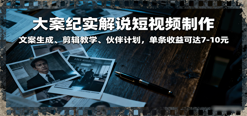 大案纪实解说短视频制作，文案生成、剪辑教学、伙伴计划，单条收益可达7-10元-赛德副业库