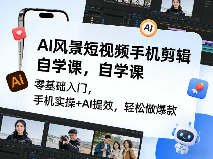 AI风景短视频手机剪辑自学课，零基础入门，手机实操+AI提效，轻松做爆款-赛德副业库
