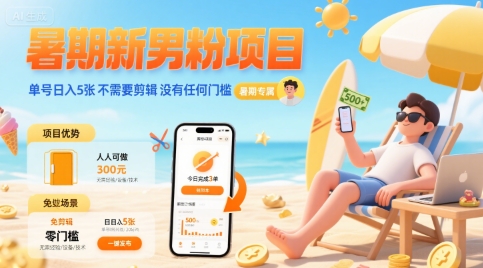 暑期新男粉项目 单号日入5张 不需要剪辑  没有任何门槛-赛德副业库