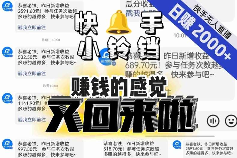 【无人直播】单号日入2000+，可矩阵、可放大，快手无人直播小铃铛，让狂赚的感觉又回来了！-赛德副业库