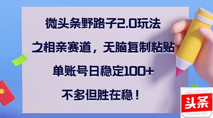 （12763期）微头条野路子2.0玩法之相亲赛道，无脑复制粘贴，单账号日稳定100+，不…-赛德副业库