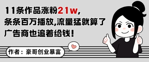 11条作品涨粉21W,条条百W播放,流量猛就算了,广告商也追着给钱-赛德副业库