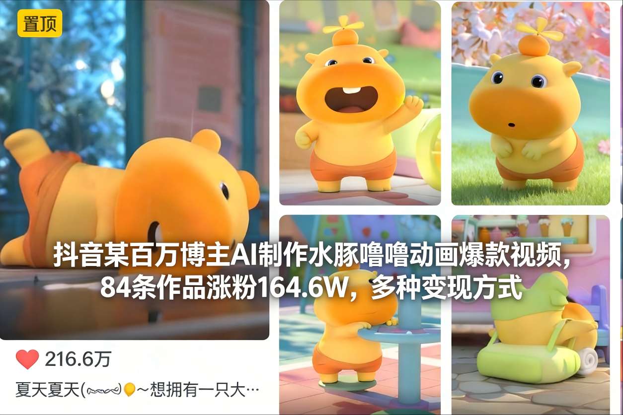 抖音某百万博主AI制作水豚噜噜动画爆款视频，84条作品涨粉164.6W，多种变现方式-赛德副业库