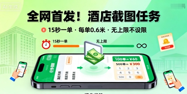 全网首发!酒店截图任务,15秒一单,每单0.6米,任务无上限不设限,矩阵操作单日3张到手【揭秘】-赛德副业库