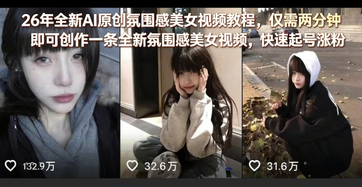 26年全新AI原创氛围感美女视频教程，仅需两分钟即可创作一条全新氛围感美女视频，快速起号涨粉-赛德副业库