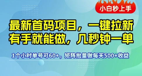 最新首码项目，一键拉新有手就能做，几秒钟一单，1个小时单号可60+，矩阵批量做每天5张【揭秘】-赛德副业库