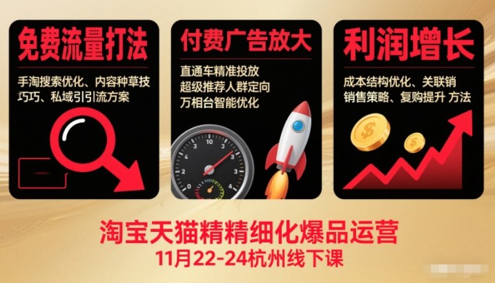 淘宝天猫精细化爆品运营11月22-24杭州线下课,免费流量打法+付费广告放大+利润增长(音频+文档)-赛德副业库
