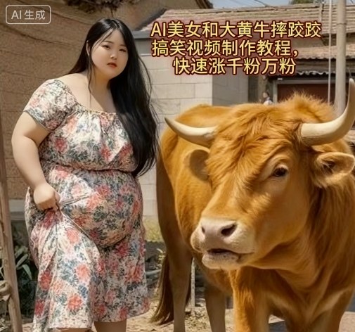 AI美女和大黄牛摔跤搞笑荒诞视频制作教程，快速涨千粉万粉-赛德副业库
