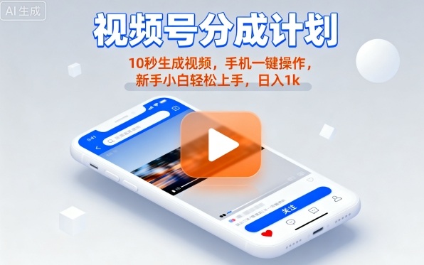 视频号分成计划懒人玩法，10秒生成视频，手机一键操作，新手小白轻松上手，日入1K【揭秘】-赛德副业库