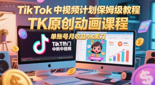 TikTok中视频计划保姆级教程,TK原创动画课程,单账号月收益4k美刀-赛德副业库