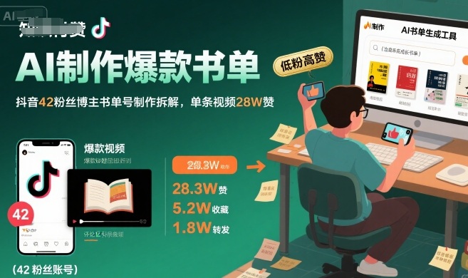 AI制作爆款书单,抖音42粉丝博主书单号制作拆解,单条视频28W赞-赛德副业库