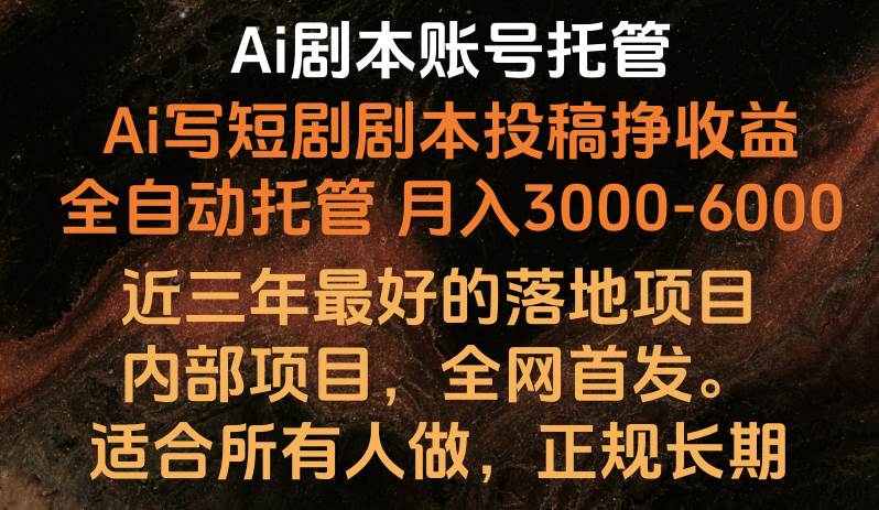 内部落地项目，全网首发，Ai剧本账号全托管，月入躺赚3000-6000，长期稳定好项目。-赛德副业库