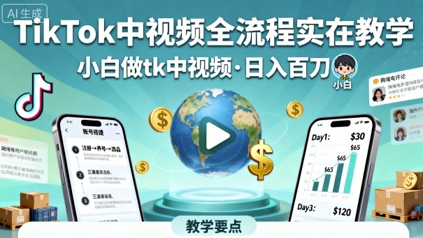 TikTok中视频全流程实操教学，小白做tk中视频，日入百刀-赛德副业库