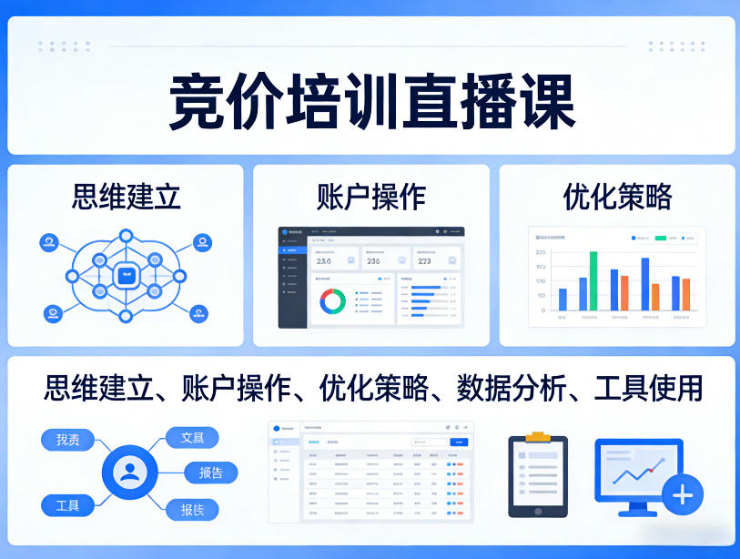 竞价培训直播课,覆盖思维建立、账户操作、优化策略、数据分析、工具使用等,全方位提升效果-赛德副业库
