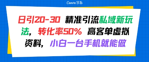 日引 20-30 精准引流私域新玩法,转化率50% 高客单虚拟资料,小白一台手机就能做-赛德副业库
