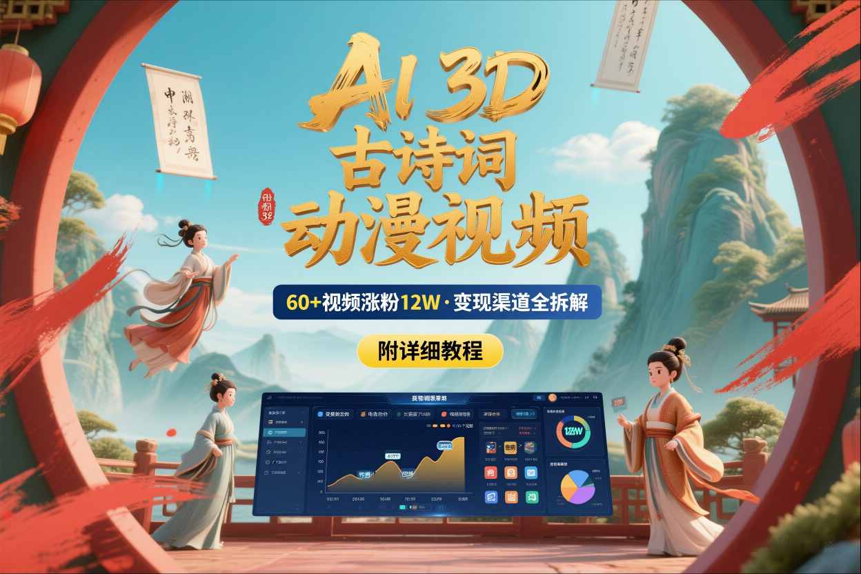 AI制作3D古诗词动漫视频,60多个视频涨粉12W,多个变现渠道拆解【附详细教程】-赛德副业库