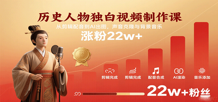历史人物独白视频制作课,从剪辑配音到AI出图,声音克隆与背景音乐,涨粉22w+-赛德副业库