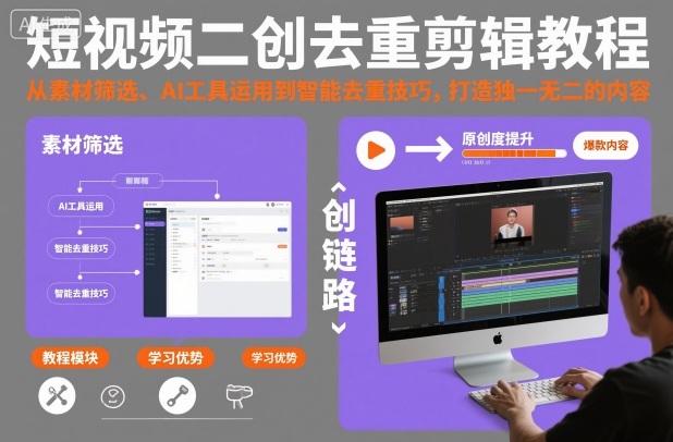 短视频二创去重剪辑教程，从素材筛选、AI工具运用到智能去重技巧，打造独一无二的内容-赛德副业库