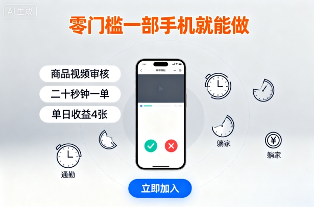 零门槛一部手机就能做，商品视频审核，通勤躺家碎片时间都能做，二十秒钟一单，单日收益4张【揭秘】-赛德副业库