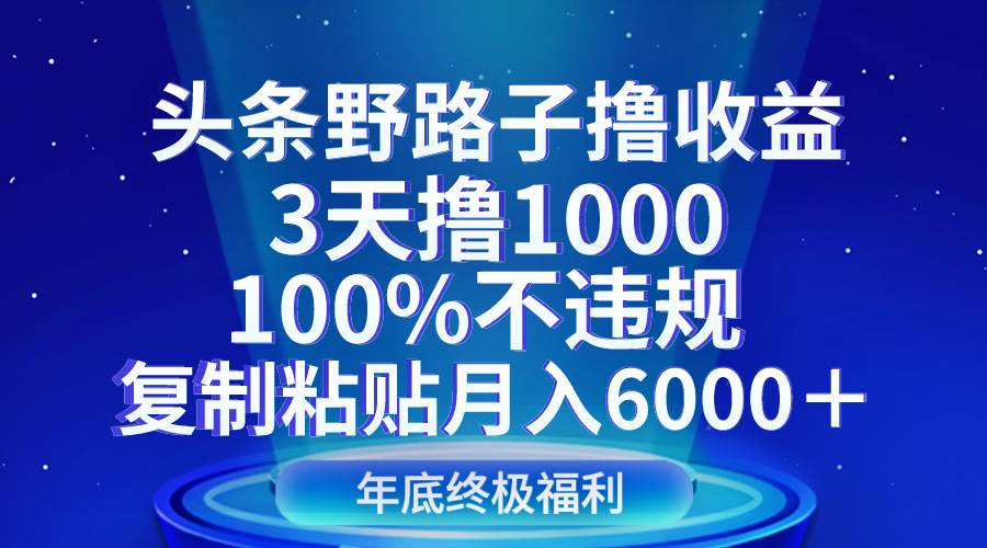 头条野路子撸收益，3天撸1000，100%不违规，复制粘贴月入6000＋-赛德副业库