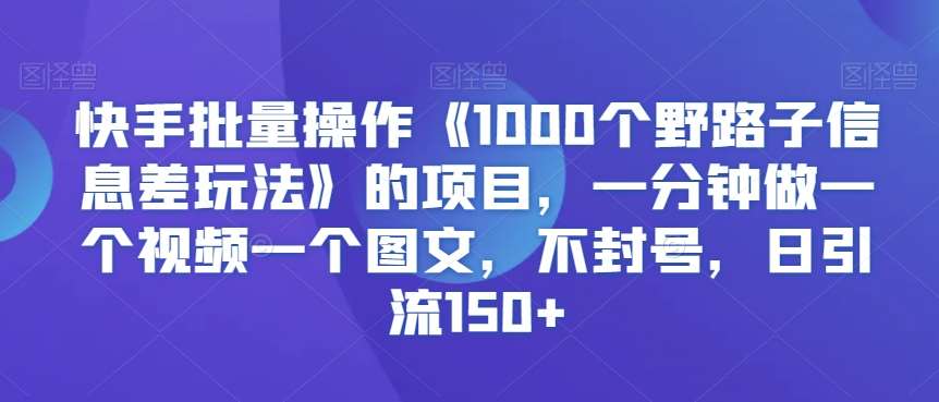 快手批量操作《1000个野路子信息差玩法》的项目，一分钟做一个视频一个图文，不封号，日引流150+【揭秘】-赛德副业库