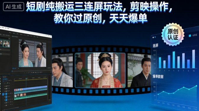 短剧纯搬运三连屏玩法，剪映操作，教你过原创，天天爆单-赛德副业库