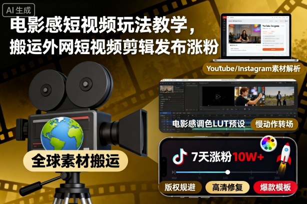 电影感短视频玩法教学，搬运外网短视频剪辑发布涨粉-赛德副业库
