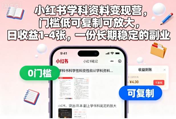 小红书学科资料变现营,门槛低可复制可放大,日收益1-4张,一份长期稳定的副业-赛德副业库