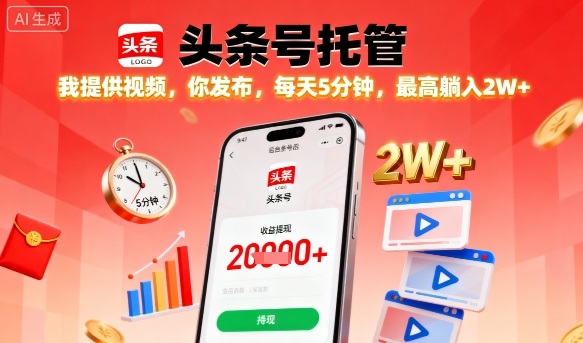 【头条号托管】我提供视频，你发布，每天5分钟，最高躺入2W+【揭秘】-赛德副业库