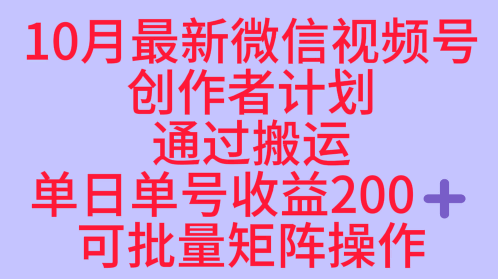 10月最新视频号收益最大化赛道长久稳定红利项目，单日单号收益2张+可批量矩阵操作-赛德副业库