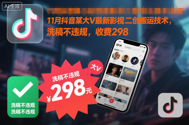 11月抖音某大V最新影视二创搬运技术，洗稿不违规，收费298-赛德副业库