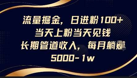 流量掘金,日进粉100+,当天上粉当天见钱,长期管道收入,每月躺挣5k-赛德副业库